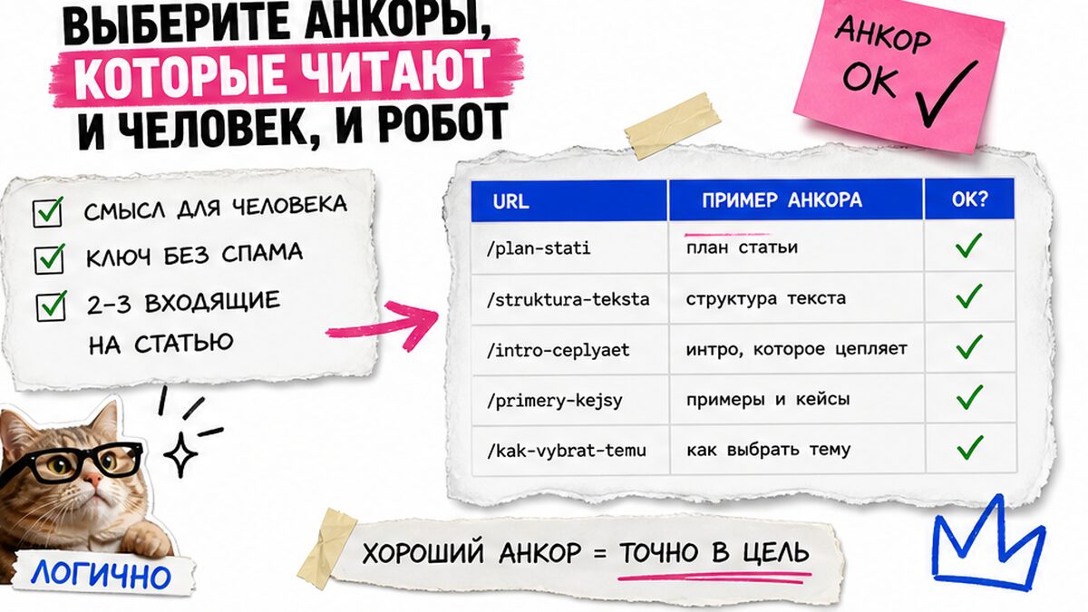 Чеклист выбора анкоров для внутренней перелинковки: человек и робот