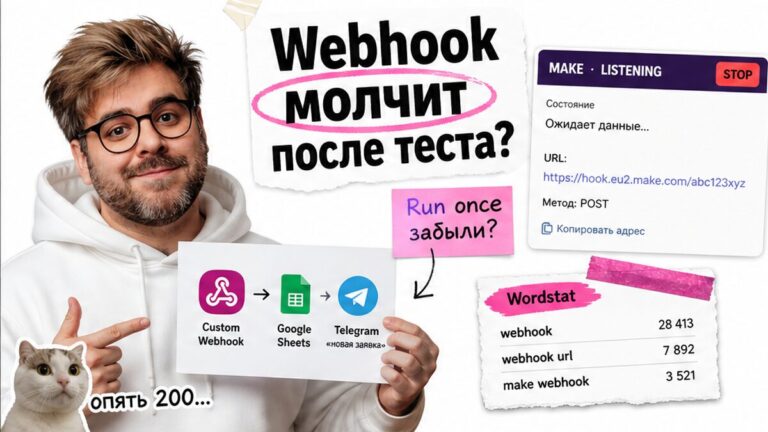Обложка: webhook в Make молчит после теста — герой у кубика Custom Webhook