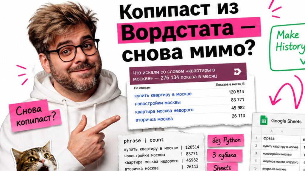 Ведущий в белом худи указывает на fake Wordstat и зелёную Make History: стикеры «без Python» и «10–20 строк», стрелка к Google Sheets