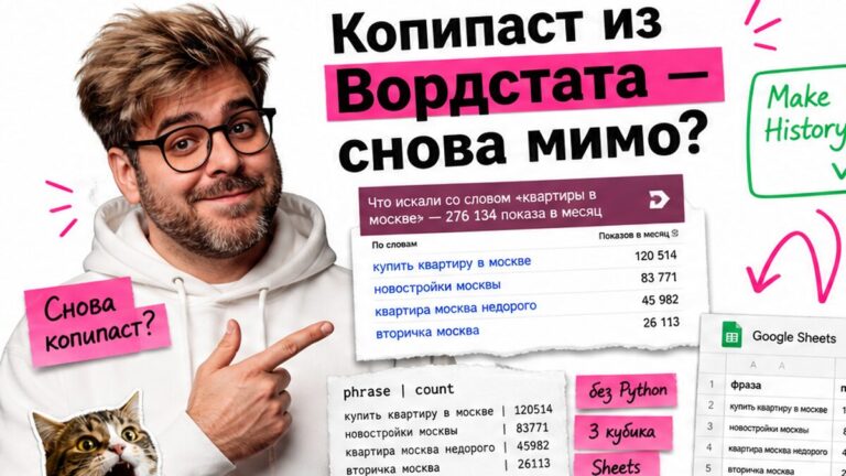 Ведущий в белом худи указывает на fake Wordstat и зелёную Make History: стикеры «без Python» и «10–20 строк», стрелка к Google Sheets