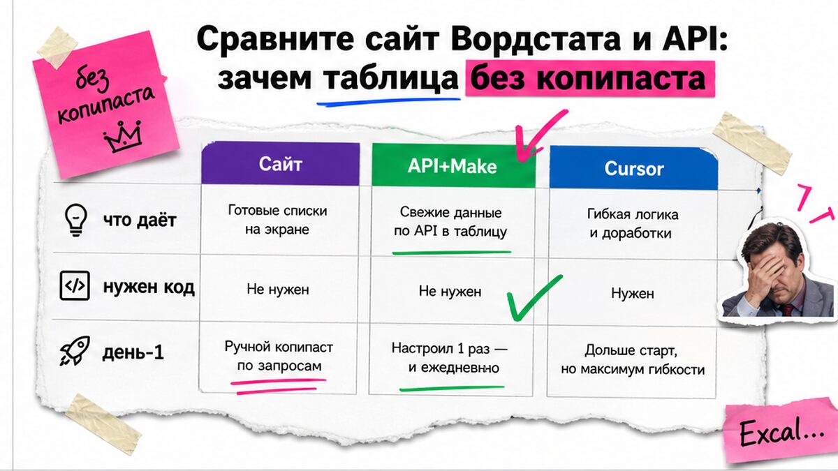 Сравнение: сайт Вордстата, Wordstat API через Make и Cursor — когда брать таблицу без копипаста