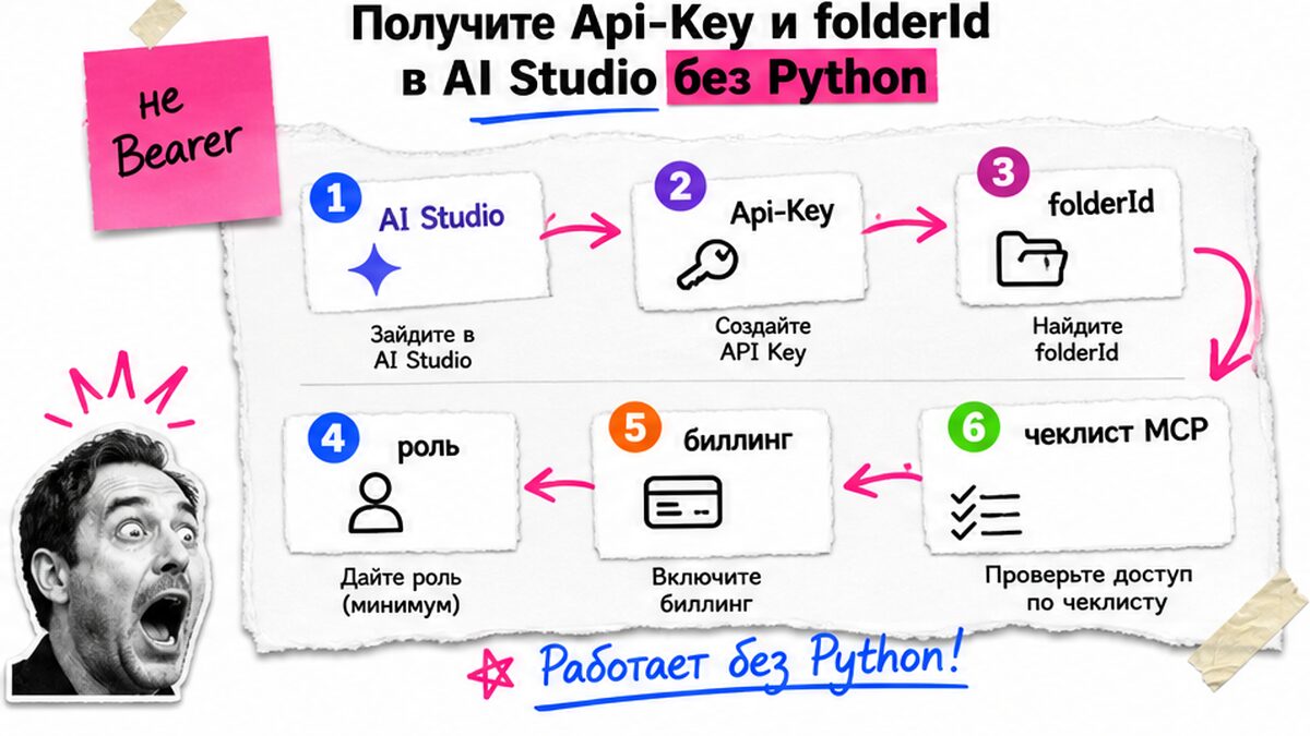 Схема: Api-Key и folderId в AI Studio — шесть шагов без Python