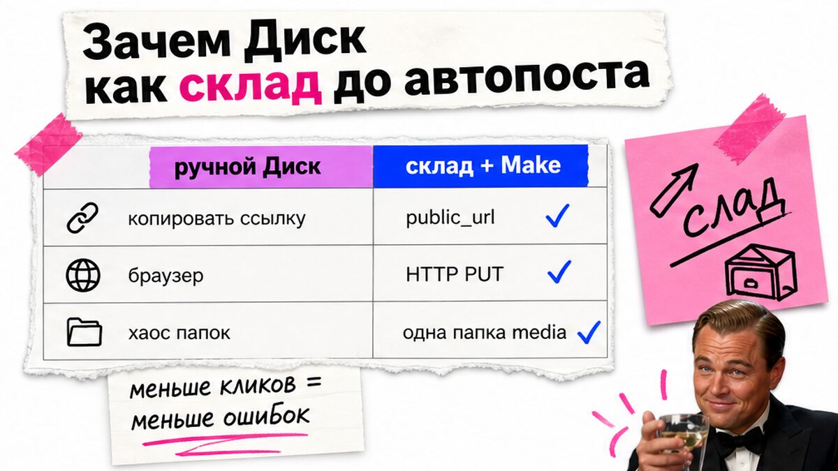 Сравнение: ручное копирование ссылки с Диска против склада медиа через Make