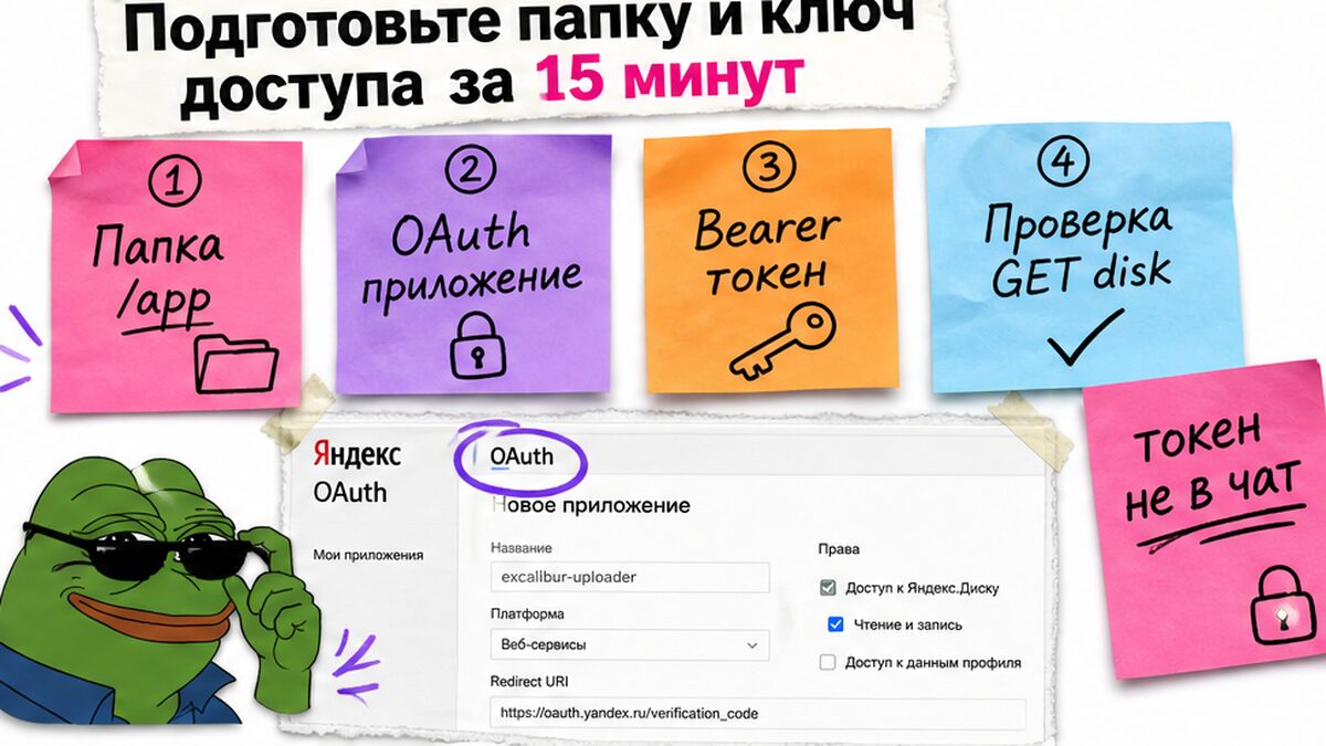 Схема: папка на Диске и OAuth-токен за 15 минут