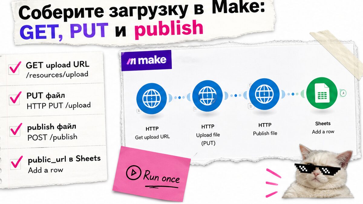 Чеклист Make: GET, PUT и publish для загрузки на Яндекс Диск