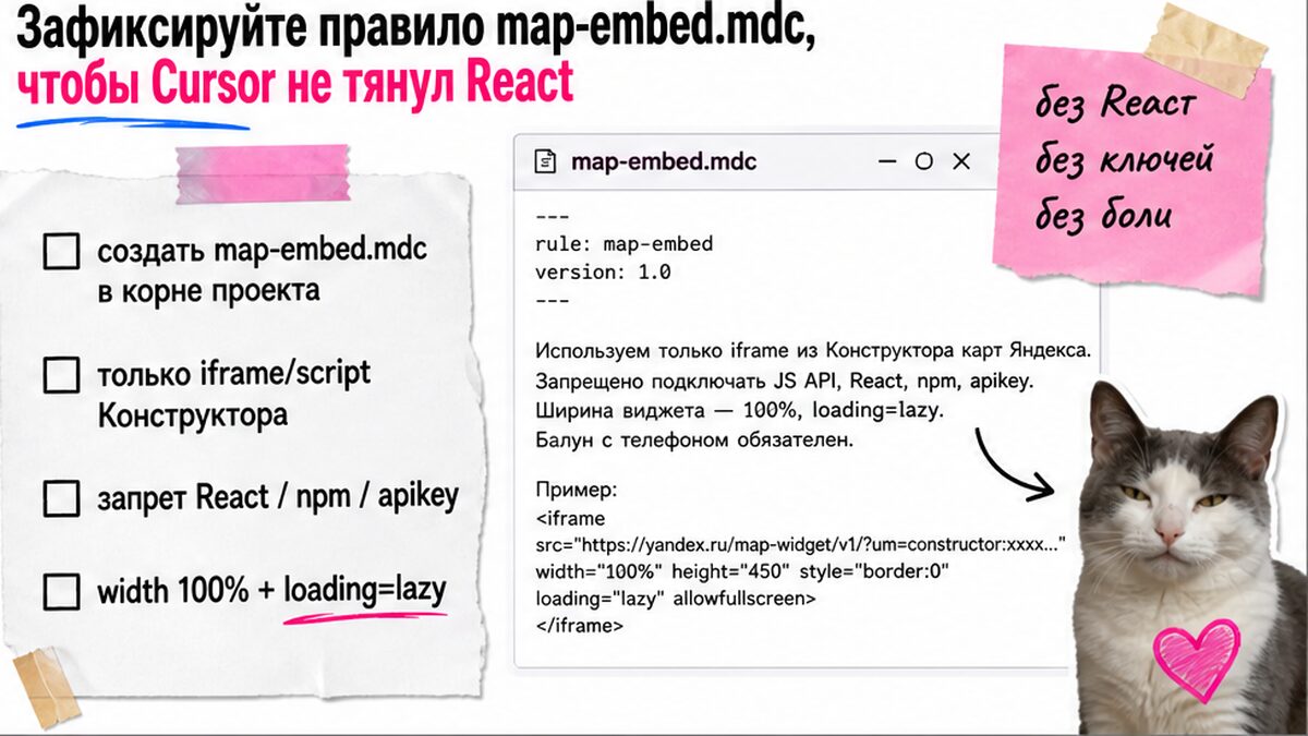 Чеклист правила map-embed.mdc: iframe без React и API-ключа