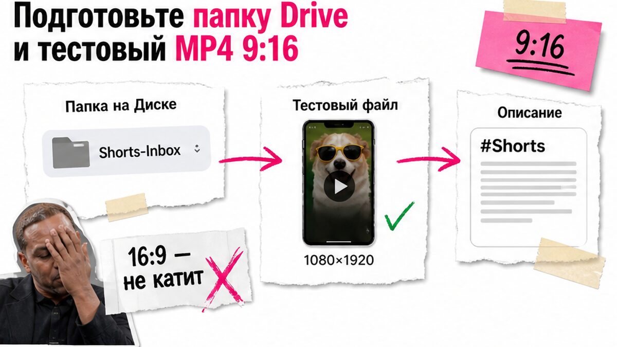 Workflow: папка Drive и тестовый вертикальный MP4 9:16 для Shorts