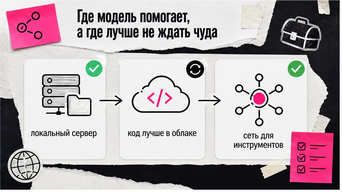 Схема: где локальная модель помогает, а где лучше облако