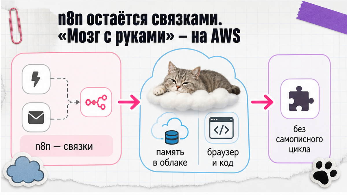 Схема: n8n остаётся связками, мозг и руки агента на AWS