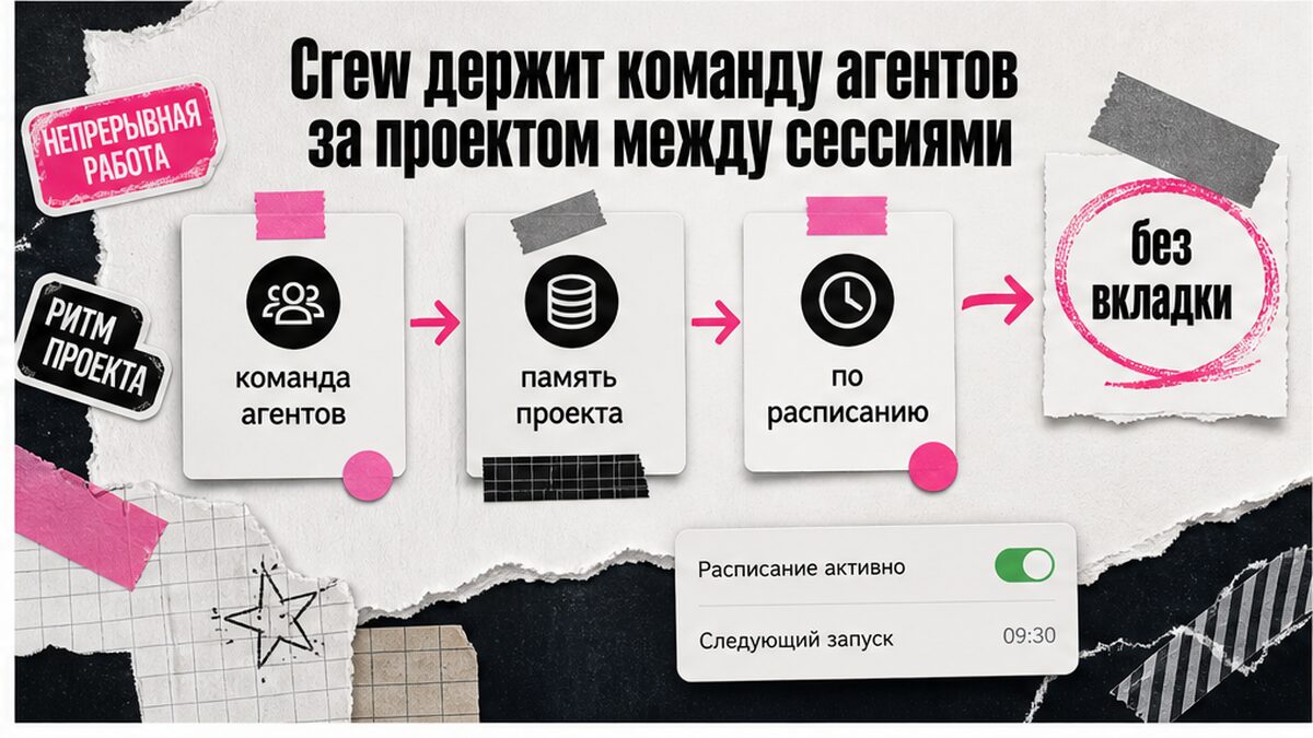 Схема: команда агентов, память проекта и задания по расписанию в Crew