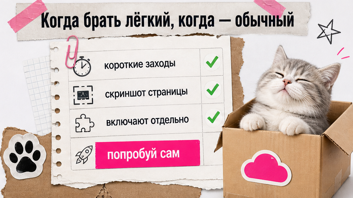 Чеклист: когда брать лёгкий браузер для коротких заходов