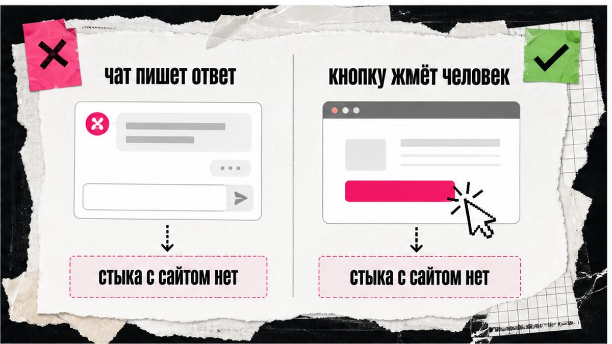 Сравнение: чат отвечает текстом, а кнопку на сайте жмёт человек