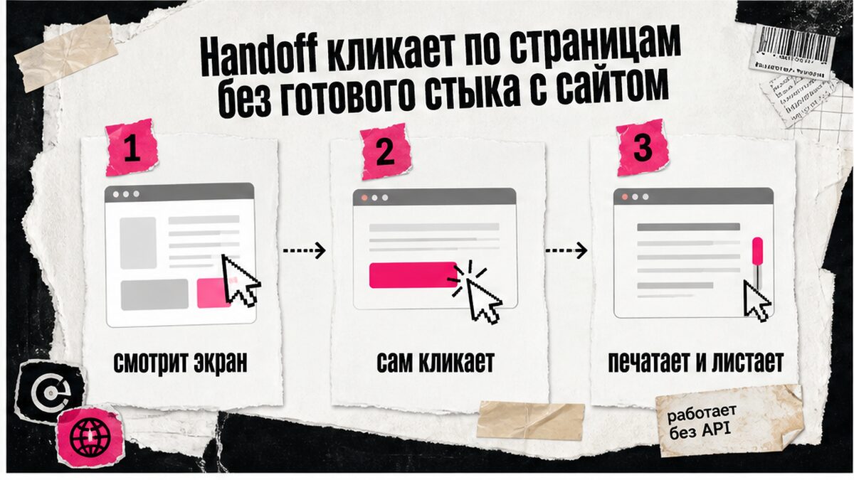 Схема: Handoff смотрит экран, кликает, печатает и листает без API с сайтом