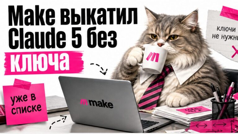 Кот за ноутбуком с кофе открывает сценарий Make без ключа Anthropic