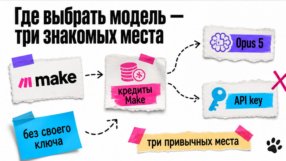 Схема: где выбрать Opus 5 в Make — Toolkit, Claude, Agents