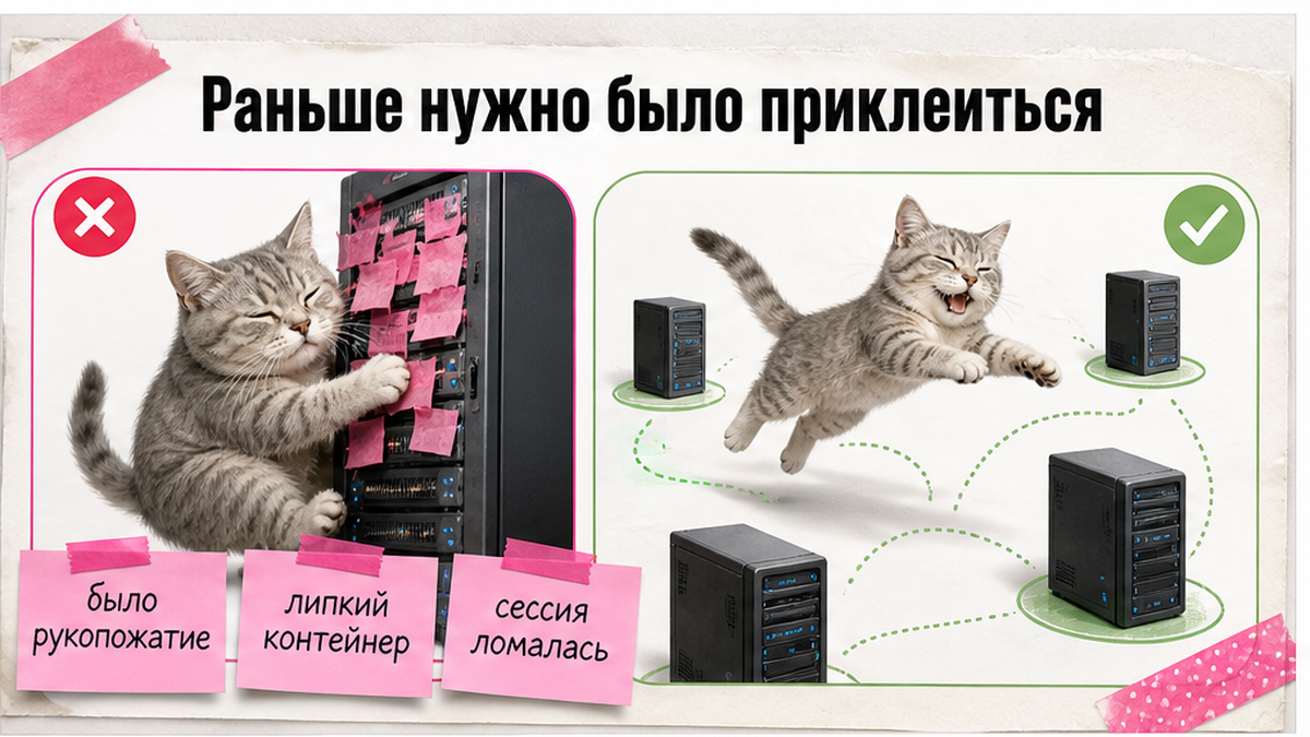 Сравнение: липкая сессия MCP раньше и полный запрос без привязки сейчас