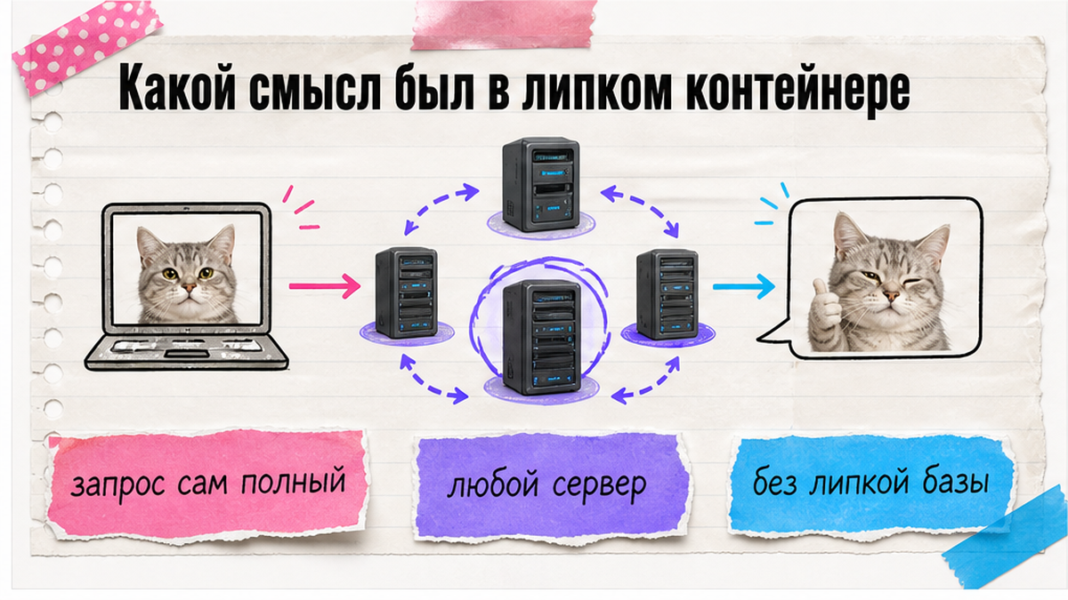 Схема: полный запрос MCP уходит на любой экземпляр сервера без липкой базы