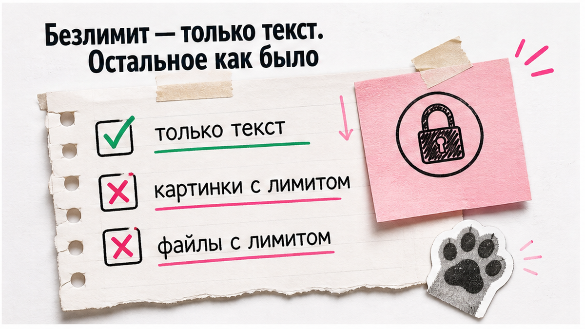 Чеклист: безлимит только на текст, картинки и файлы с лимитом