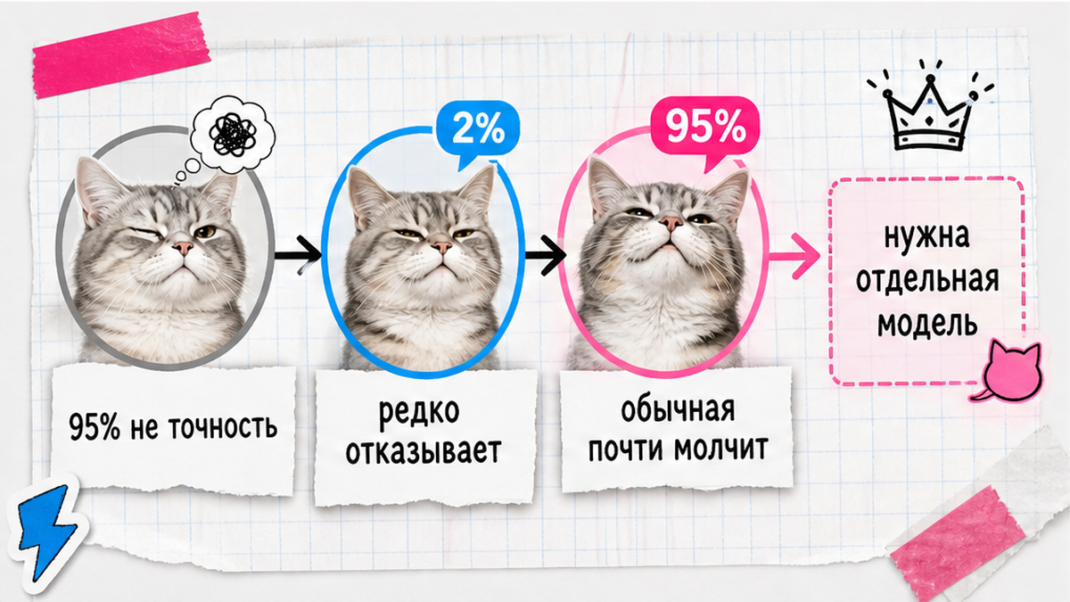 Схема метрики отказов: обычная почти молчит, кибермодель отвечает чаще