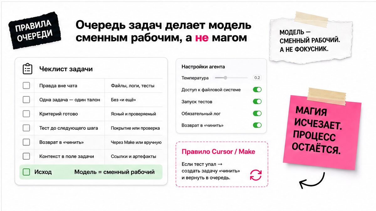 Чеклист контура: очередь задач делает модель исполнителем на смене
