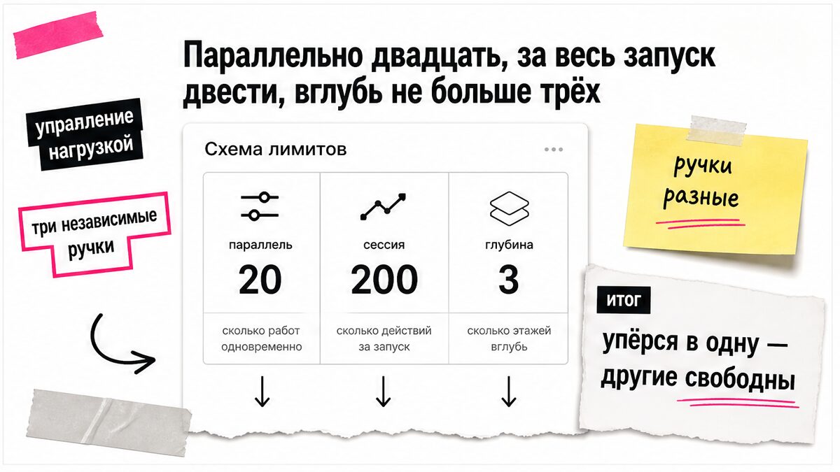 Схема трёх потолков Claude Code: параллель 20, сессия 200, глубина 3