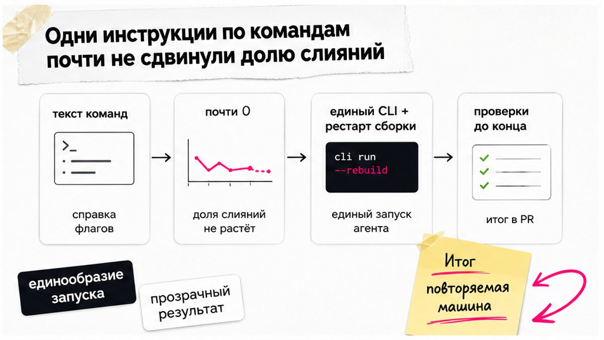 Схема: от запутанных инструкций к единому запуску сервисов и проверкам до конца