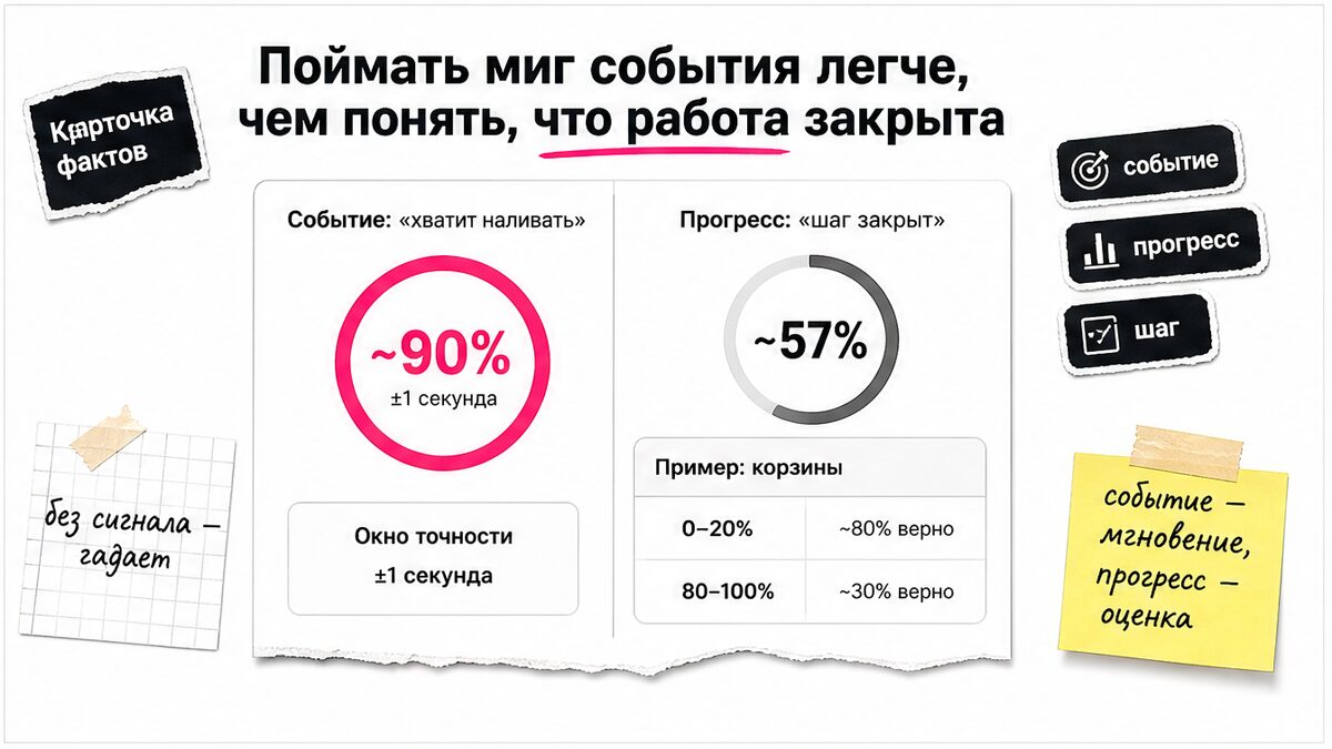 Цифры: миг события ~90%, оценка готовности задачи ~57%