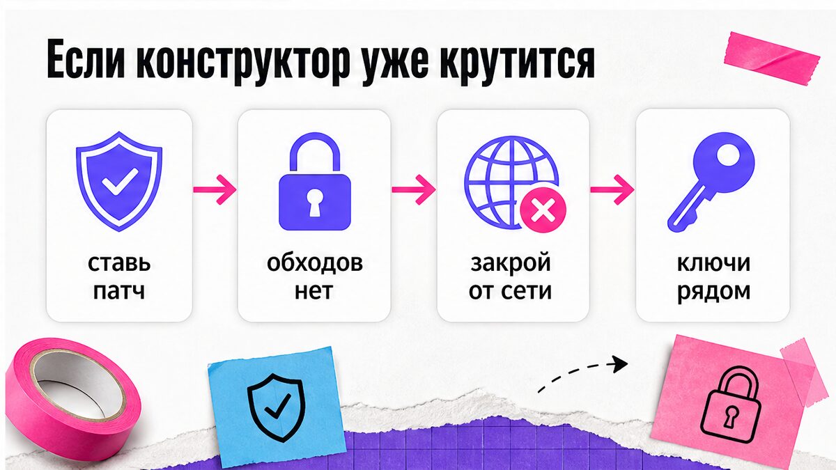 Шаги защиты: поставить патч, без обходов, закрыть от сети, ключи рядом