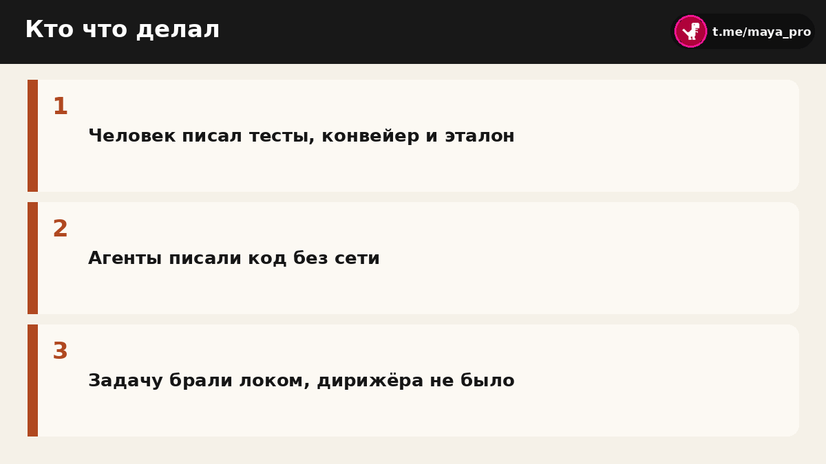 Схема ролей: человек держит проверки, агенты пишут код, лок вместо дирижёра