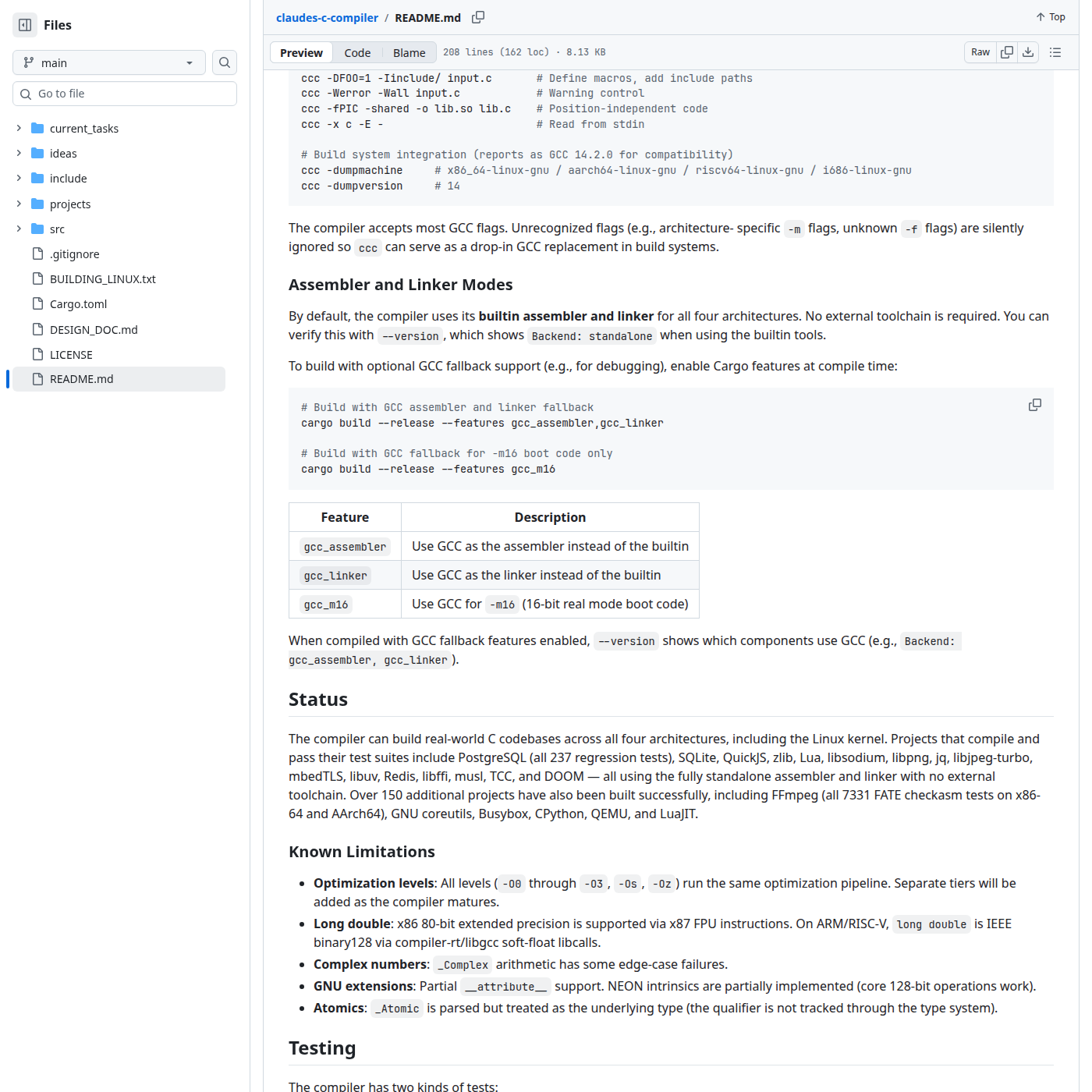 README репозитория: флаги gcc_assembler и gcc_linker и известные ограничения