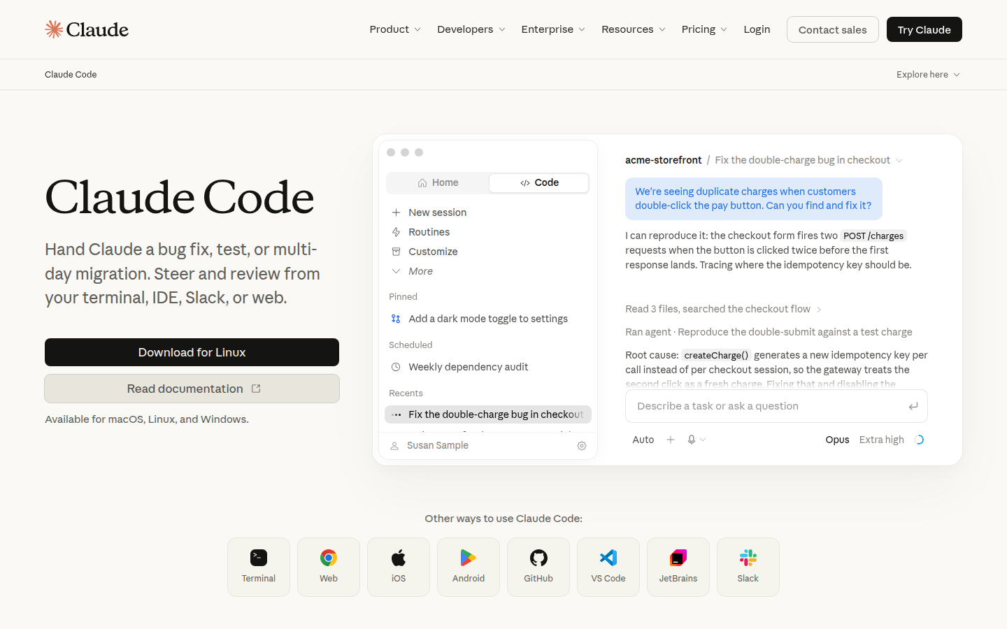Официальная страница продукта Claude Code: harness для длинных задач в терминале, IDE и вебе.