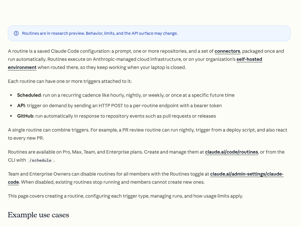 Официальная справка Routines: превью, триггеры по графику, API и GitHub при закрытом ноутбуке