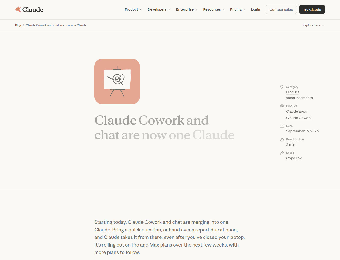 Официальный блог Claude: Cowork и чат стали одним Claude, раскатка на Pro и Max