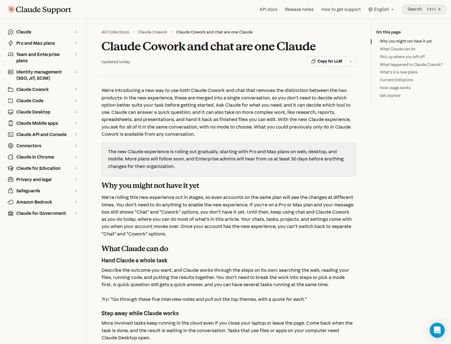 Справка Claude: чат и Cowork объединены, у Team и Enterprise пока два режима