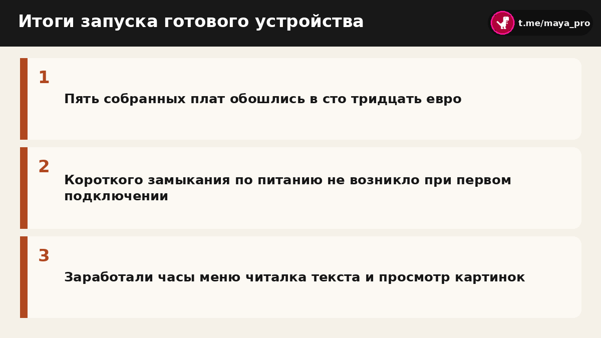 Схема результатов запуска готового устройства после сборки на фабрике