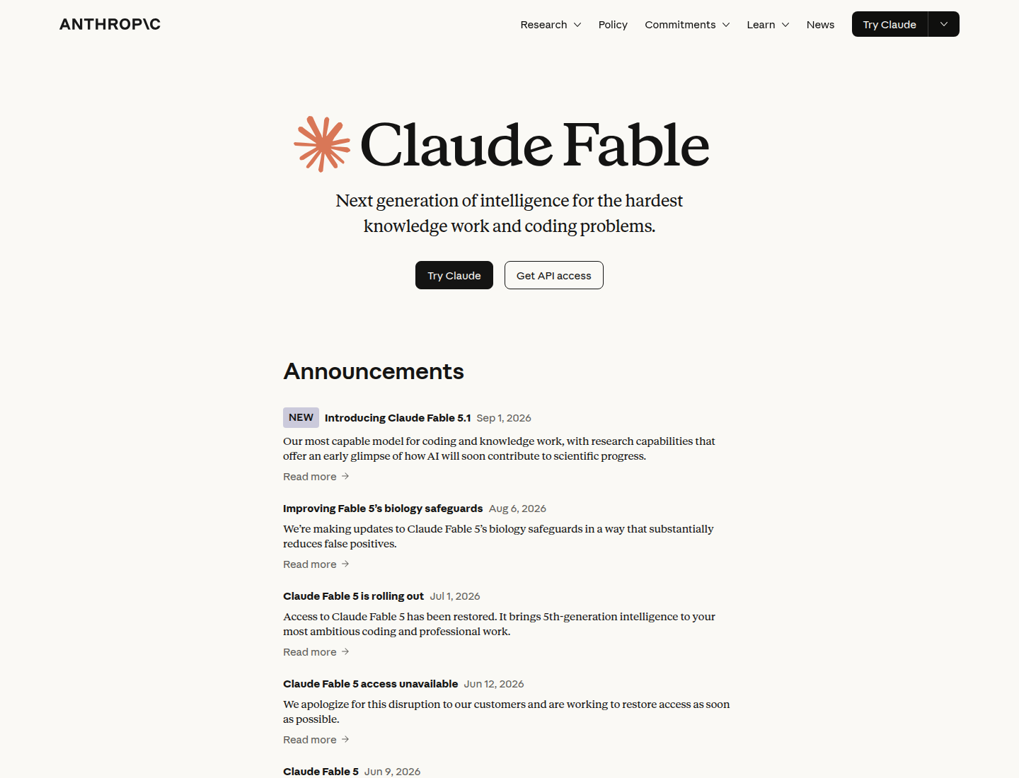 Витрина Anthropic: страница Claude Fable с анонсом Fable 5.1