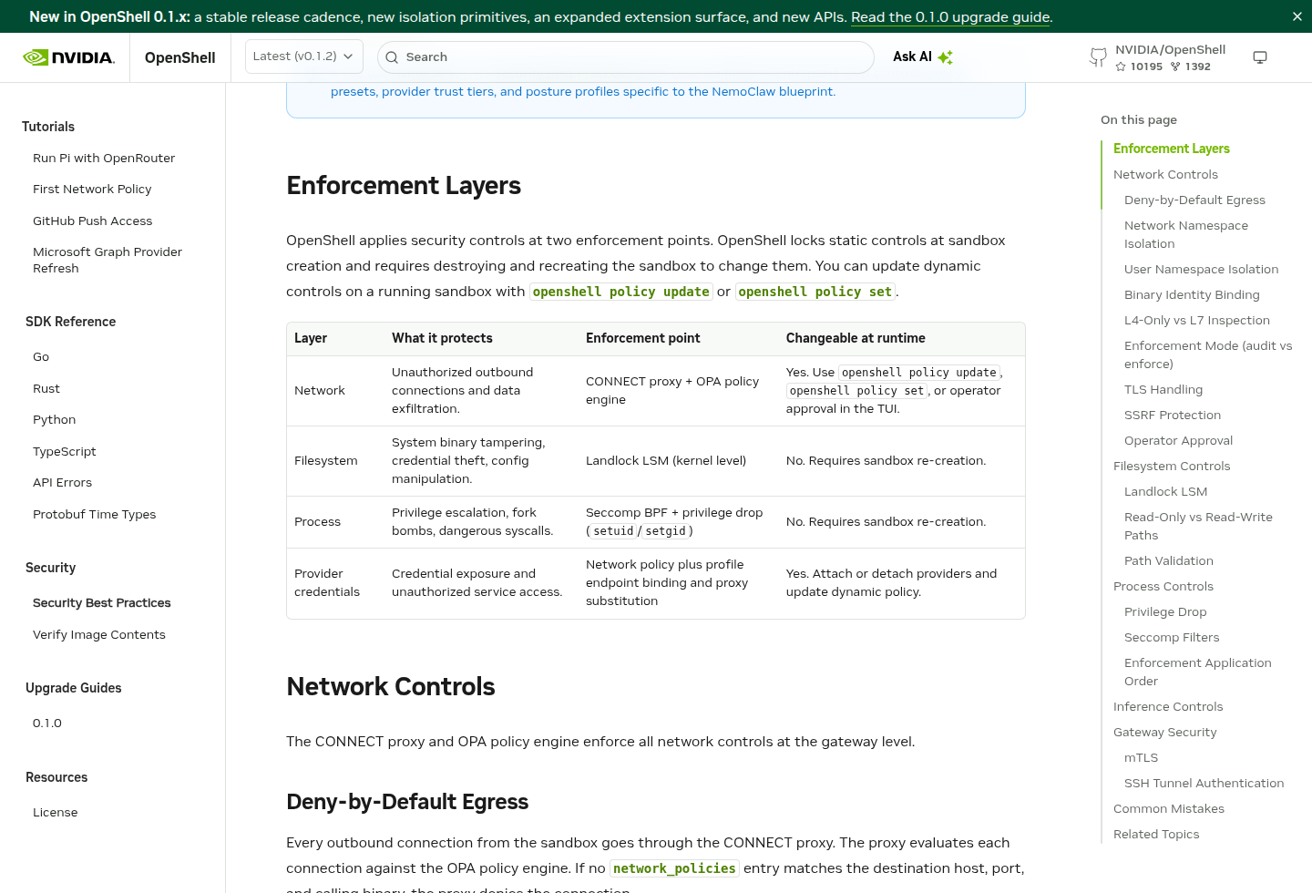 Документация OpenShell: сеть можно обновить на живой песочнице, файлы и процессы — только новым контейнером