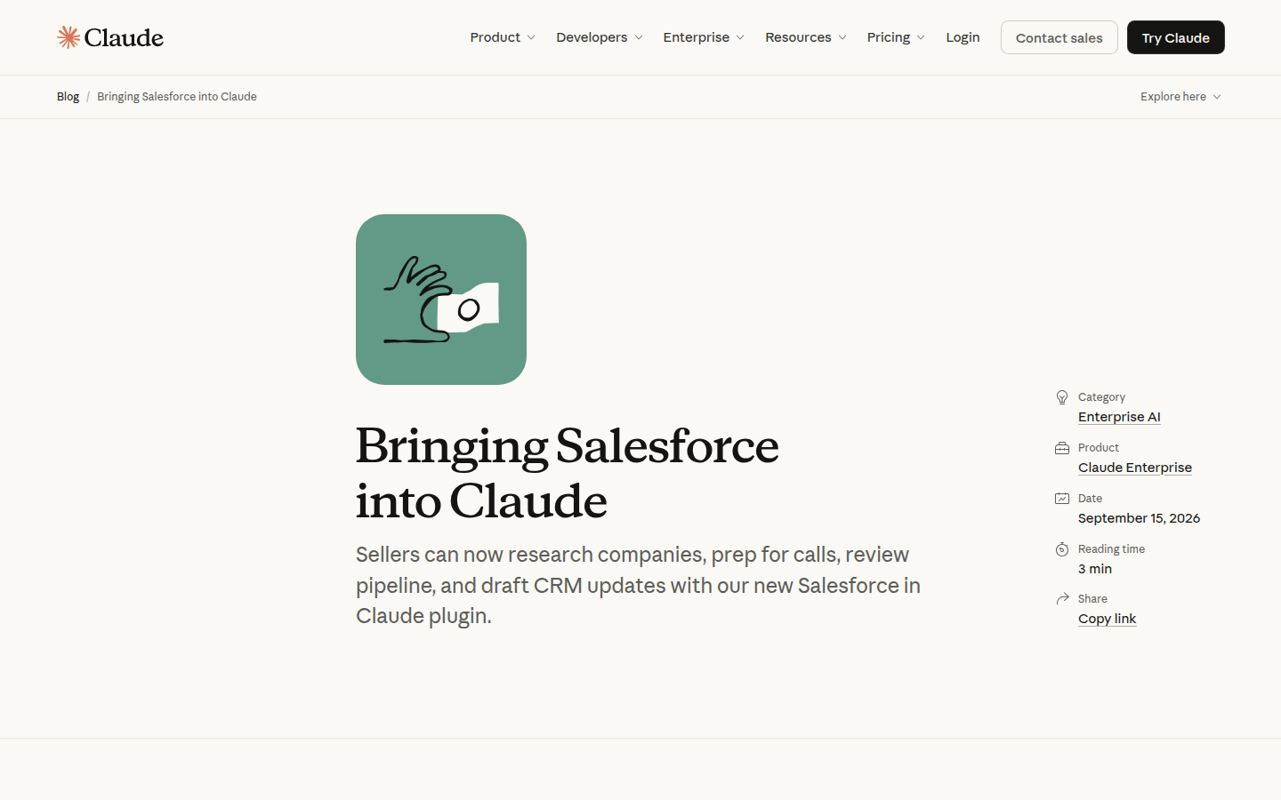Официальный блог Anthropic: бета Salesforce in Claude от 15 сентября 2026