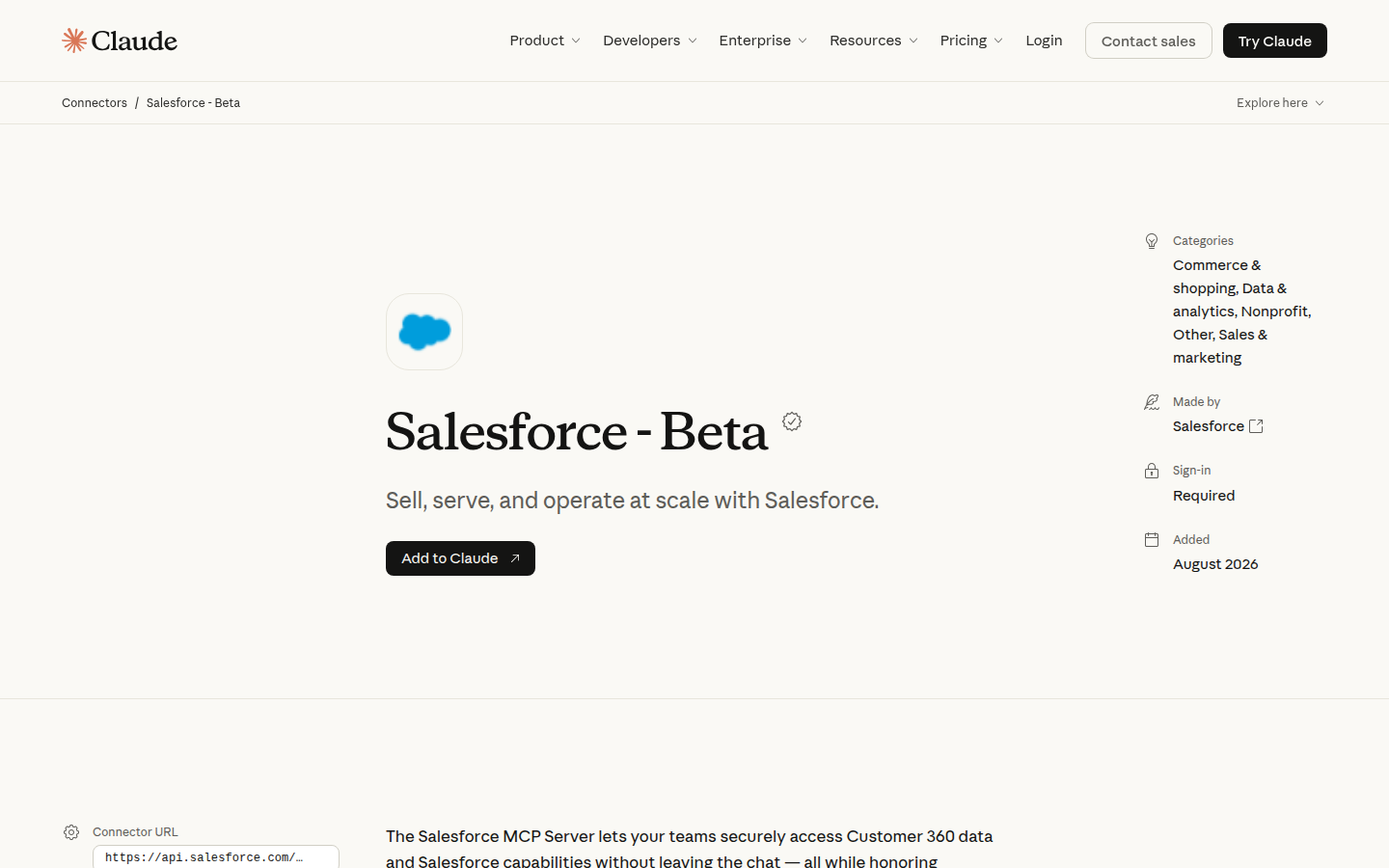 Карточка коннектора Salesforce Headless 360 в каталоге Claude