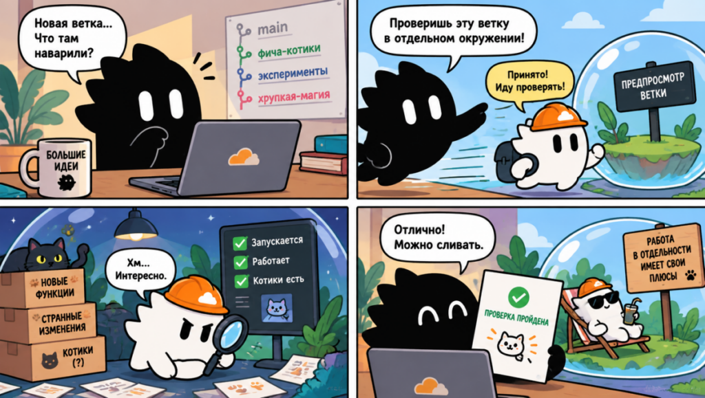 Разработчик проверяет изолированную ветку воркера перед отправкой изменений