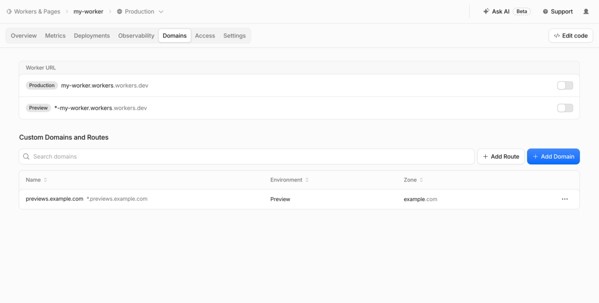 Вкладка доменов Cloudflare: адрес превью и свой домен только для Preview
