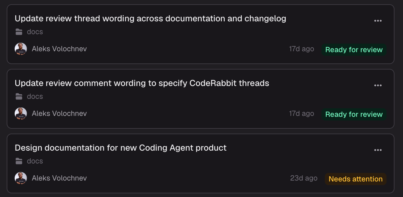 Список задач CodeRabbit: карточки ждут проверки человеком, в основную ветку агент сам не отправляет