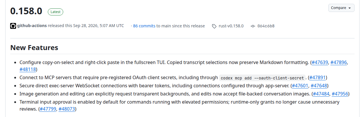 Релиз Codex 0.158.0 от 28 сентября 2026: в New Features заранее зарегистрированный секрет клиента и флаг codex mcp add --oauth-client-secret