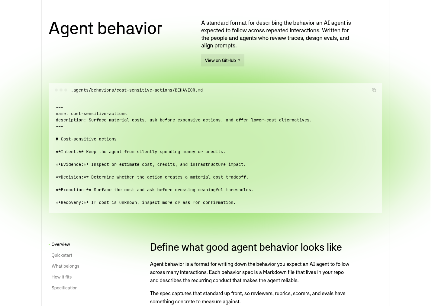 Портал стандарта agentbehavior.dev: формат BEHAVIOR.md для описания поведения агента