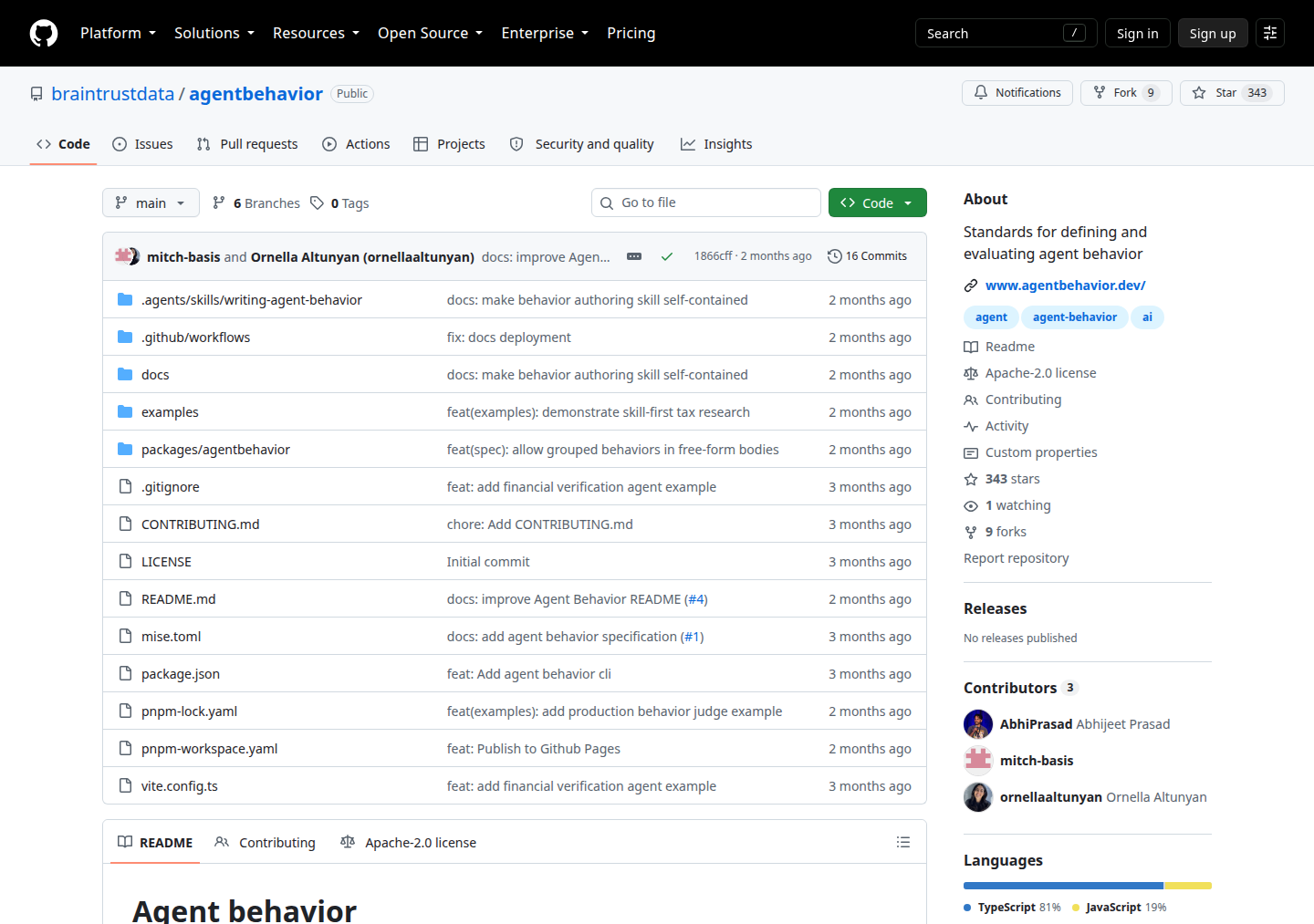 Репозиторий braintrustdata/agentbehavior на GitHub: открытый стандарт спецификаций поведения