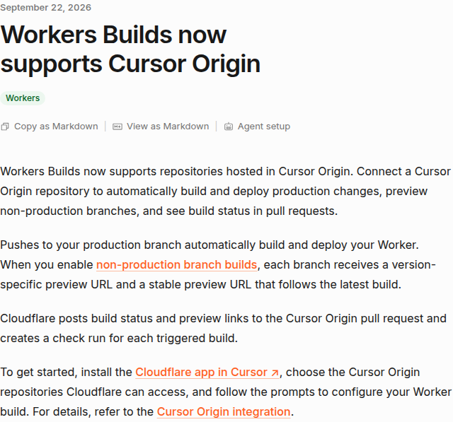 Журнал Cloudflare от 22 сентября 2026: Workers Builds поддерживает репозитории Cursor Origin