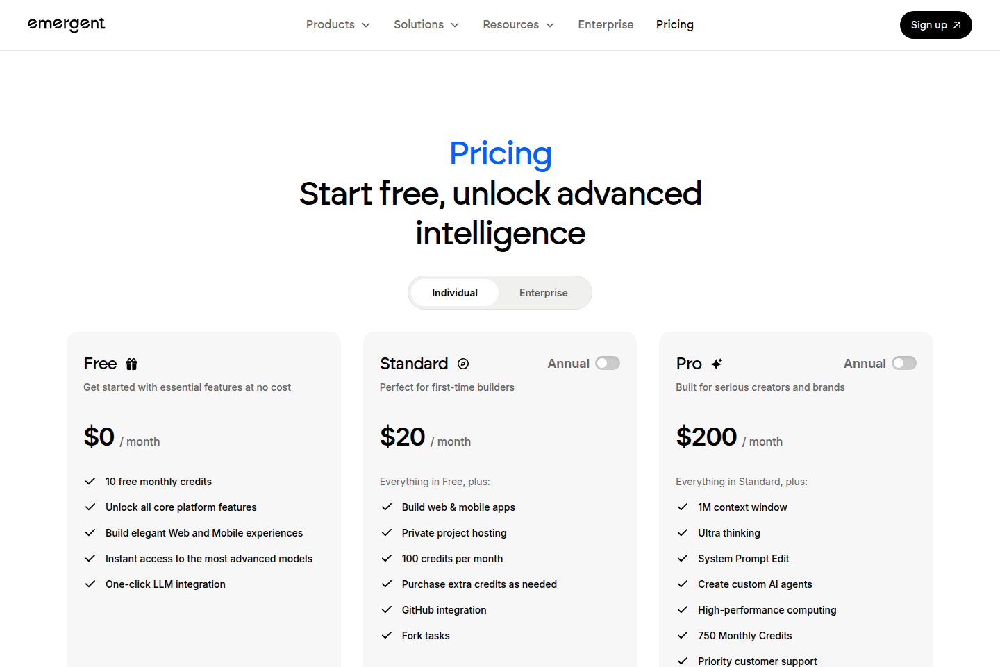 Страница тарифов Emergent: Free ноль долларов и десять кредитов, Standard двадцать долларов и сто кредитов, Pro двести долларов и семьсот пятьдесят кредитов