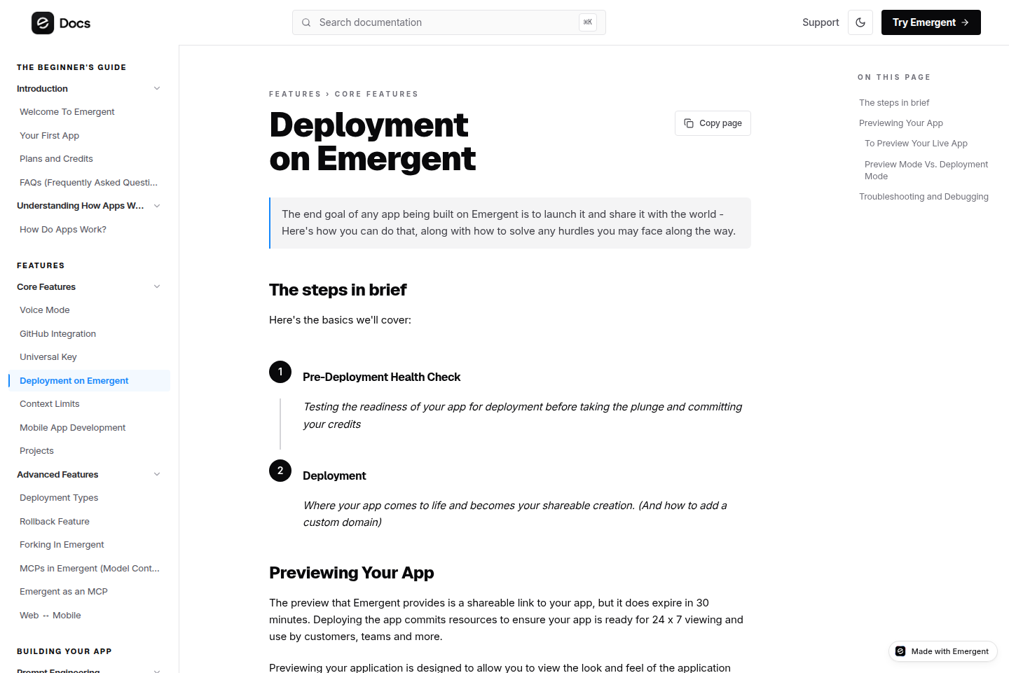 Справка Deployment on Emergent: превью живёт около тридцати минут без действий, публикация — отдельный шаг