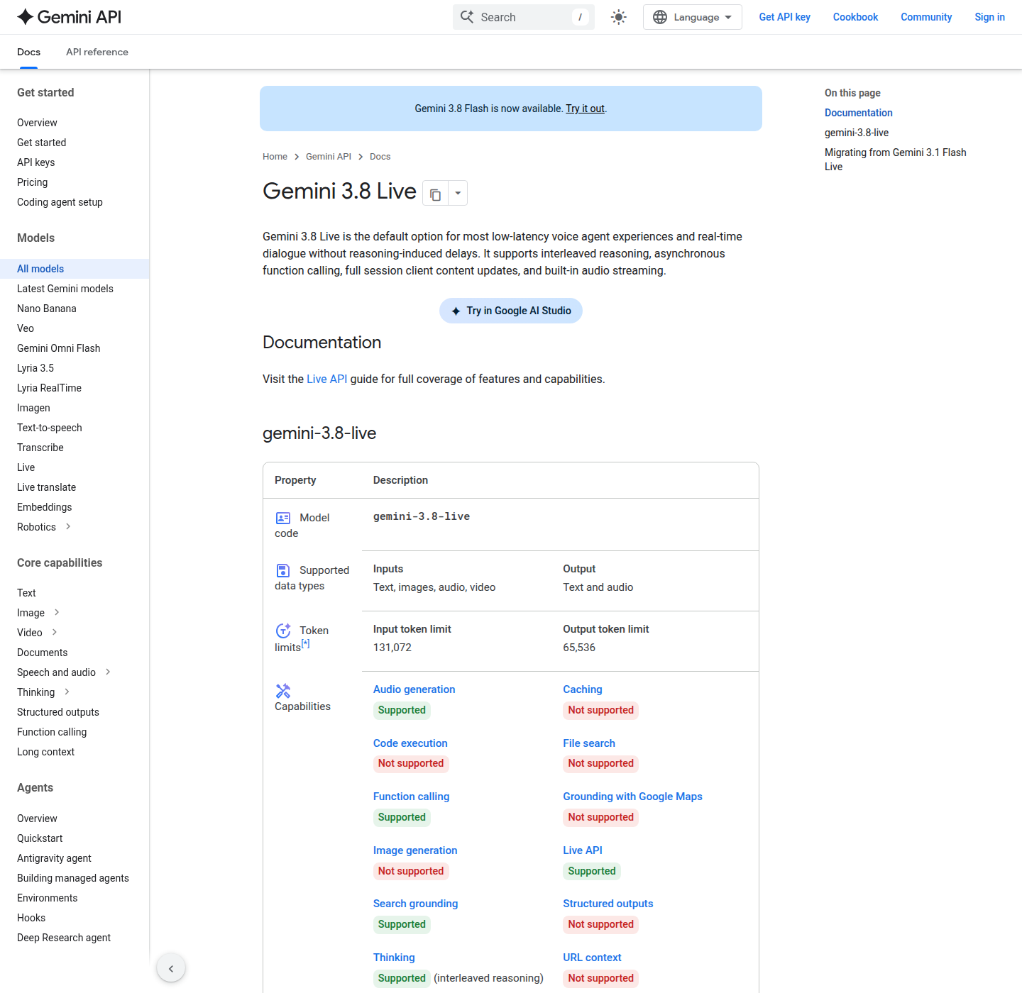 Карточка модели Gemini 3.8 Live в документации Gemini API: код модели, лимиты токенов и список возможностей
