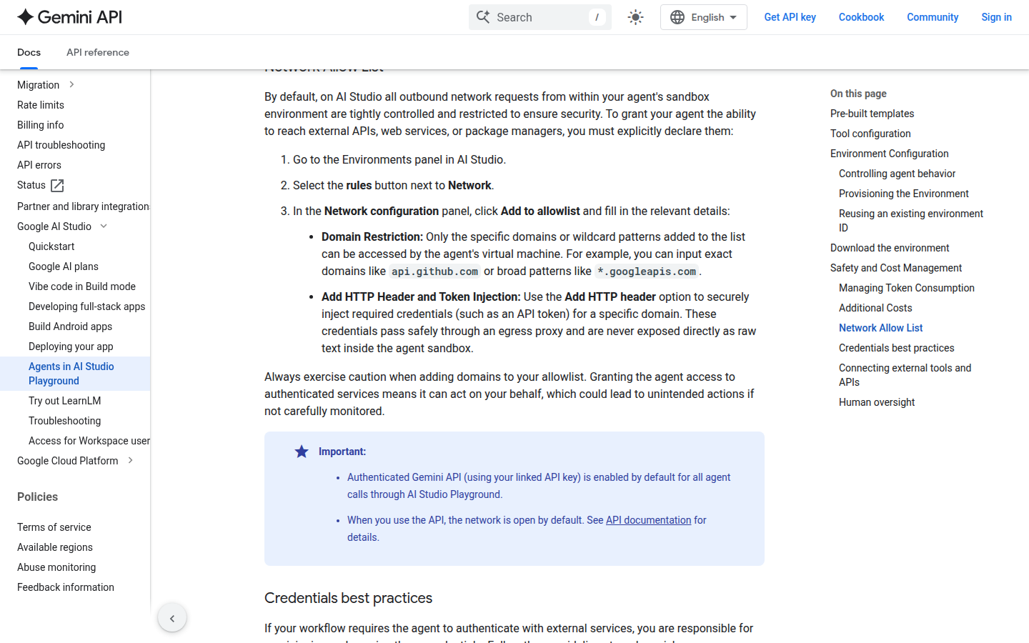Документация AI Studio: исходящая сеть закрыта, домены добавляют в Network Allow List